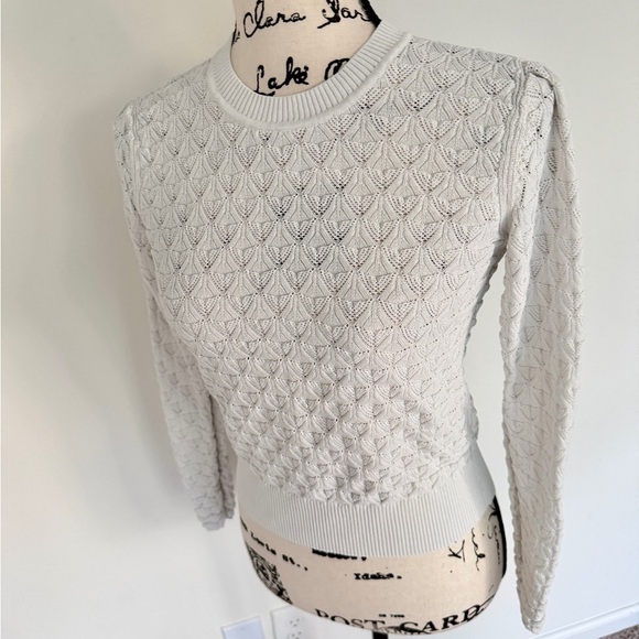 Club Monaco Sweater Pointelle Knit Sz S Ivory Ribbed Collar/Hem Quiet Luxurycore - Picture 5 of 14